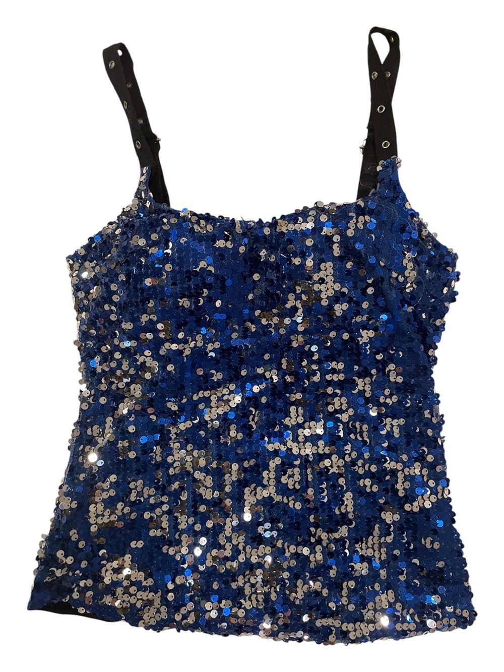 Blue Sequin Bustier Tank Top with Black Adjustable  Straps